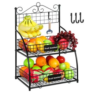 2-Tier Fruit Basket for Kitchen, Bananas Hanger Hook Holder &Countertop Tiered Fruit and Vegetable Storage Bowl Stand, Detachable, Easy to Assemble, Large Capacity for Home Kitchen Organizer-Black