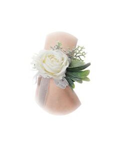 Corsage Wristlet for Wedding Bridal White Corsage Handmade Wedding Rose Wristlet Prom Suit Decorations(White)