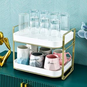2-Tier Cups Mugs Drying Rack with Drain Tray, Tableware Fruit Storage Rack, Kitchen Countertop Organizer Shelf Tea Tray for Water Coffee Glass Cup Bowls Food and Seasoning Jar Holder (White)