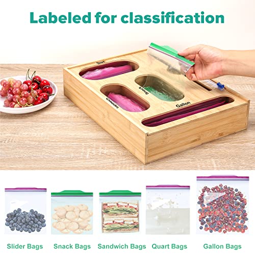 Puricon Ziplock Bag Storage Organizer for Drawer & Wrap Dispenser With Cutter, Food Storage Bag Organizer Holder for Gallon Quart Sandwich Snack, Compatible With Ziploc Solimo Hefty Glad Bags -Bamboo | The Storepaperoomates Retail Market - Fast Affordable Shopping