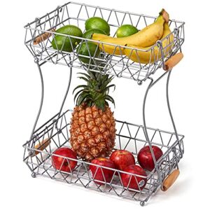 EZOWare 2-Tier Fruit Basket Bowl Stand with Handles, Detachable Metal Wire Kitchen Countertop Rack Holder – Storage Organizer for Bread Veggies Snacks – Silver
