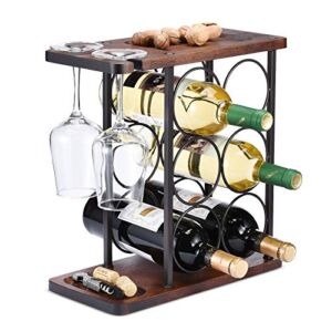 ALLCENER Wine Rack with Glass Holder, Countertop Wine Rack, Wooden Wine Holder with Tray, Perfect for Home Decor & Kitchen Storage Rack etc (Hold 6 Bottles and 2 Glasses )
