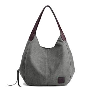 PHABULS Canvas Tote Bag For Women With Zipper, Mulit-Pocket Cotton Hobo Handbag Fashion Shoulder Purse-grey