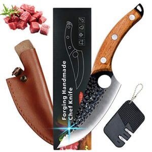 NWESTUN Premium Viking Knife Hand Forged Boning Knife with Sheath & Pocket Knife Sharpener High Carbon Steel Meat Cleaver Knife Multipurpose Chef Knives for Home, Outdoor, Camping, BBQ