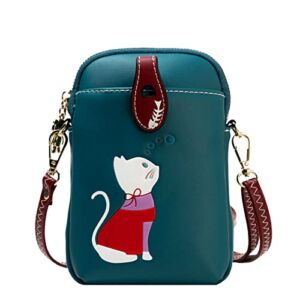 Small Crossbody Phone Bag for Women Leather Cute Cat Cellphone Purse Shoulder Bags PU Wallet (Peacock Blue)