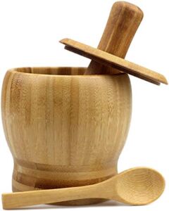 ZHLFDC Home Kitchen Mortar and Pestle with Lid and Spoon, 100% Natural Bamboo Wood, Spice Grinder, Spice Grinder, Bamboo Wheel Bowl Set Mortar and Pitcher That are Easy to Use and Clean