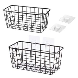 Lele No Drilling Wall Hanging Mounted Metal Wire Baskets with Free Wall Hooks, Kitchen Organization and Storage, Hanging Fruit, Set of 2 Black