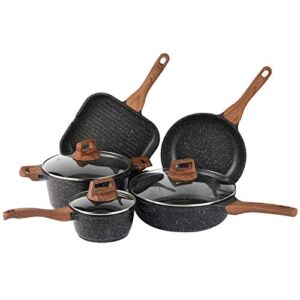ESLITE LIFE Nonstick Granite Cookware Sets, 8 Pcs Pots and Pans Set Stone Kitchen Cooking Set Induction Compatible, PFOA & PTFEs Free, Black