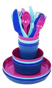 Klickpick Home Plastic Dinnerware Set Of 24 Pieces 4 colors Kids Dinnerware Set Includes, Kids Cups, Kids Plates, Kids Bowls, Flatware Set, Toddler Dishes Set are Reusable, Microwave – Dishwasher Safe