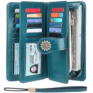 Lavemi Womens Large Capacity Genuine Leather RFID Blocking Wallets Wristlet Clutch Card Holder(1- Peacock Blue)