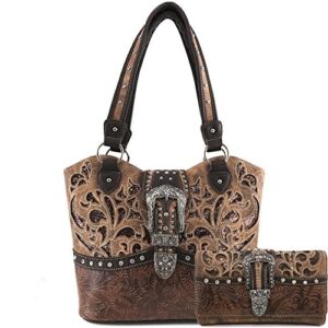 Justin West Tooled Floral Embroidery Buckle Studded Concealed Carry Tote Purse (Coffee Purse Wallet Set)