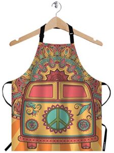 WONDERTIFY Hippie Car Apron,Colorful Vintage Car Mini Van Traditional National Flower Patterns Bib Apron with Adjustable Neck for Men Women,Suitable for Home Kitchen Cooking Waitress Chef Grill Apron