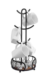 SunnyPoint Heavy Wire Gauge 6 Mug Tree Countertop Holder, Coffee Mugs and Tea Cup Storage Rack with Small Storage Area (Mat Black, 18.2 x 7 x 7 Inch)