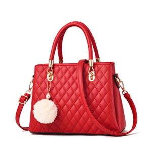 Womens Leather Handbag Purses Top Handle Quilted Shoulder Bag Totes Satchel for Ladies with Pompon