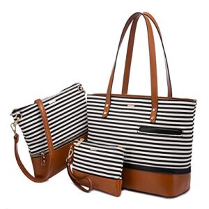 LOVEVOOK Womens Purses and Handbags Satchel Shoulder Bags Tote Crossbody Top Handle Purse Set 3pcs Stripes Style,Brown