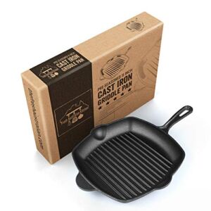 Fresh O2 Pre-Seasoned Cast Iron Skillet – 12 Inch (11 Inch Bottom) Cast Iron Grill Pan w/ Cooking Ridges – Camping Accessories for Cooking – Home & Kitchen Accessories – Culinary Gifts for Chefs