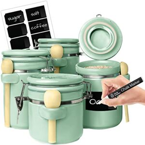 Home Intuition 4-Piece Ceramic Kitchen Canisters Set Airtight Containers with Wooden Spoons Reusable Chalk Labels and Marker For Sugar, Coffee, Flour, Tea, Mint