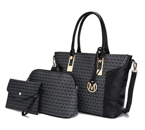 MKF 3-PC Set Shoulder Bag for Women Tote, Pouch Handbag Purse, Wristlet Envelope, Adjustable Crossbody Strap PU Leather Black