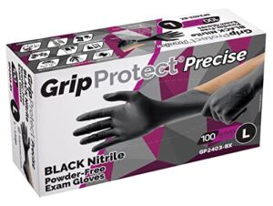 GripProtect® Precise Black Nitrile Exam Gloves, Fentanyl Resistant, Chemo-Rated, for Food, Home, Hospital, Law Enforcement, Tattoo 100/bx (Large)