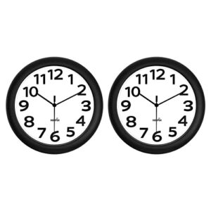 HIPPIH 2 Pack Silent Wall Clock, 10 Inch Non Ticking Quiet Digital Sweep Decorative Battery Operated Wall Clocks for Living Room Bedroom Kitchen School Office Decor, Black