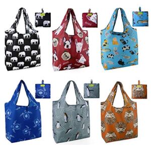 BeeGreen Reusable Grocery Bags Foldable 6 Pack Shopping Bags Large 50LBS Cute Groceries Bags w Pouch Bulk Ripstop Watertight Machine Washable Nylon Compact Elephant Hedgehog Cat Turtle Dog Penguin