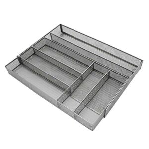 Expandable Mesh Metal Cutlery Tray, 6 Compartments Kitchen Drawer Organizer for Utensil Flatware Dividers Cutlery (Silver, 6 Compartments)