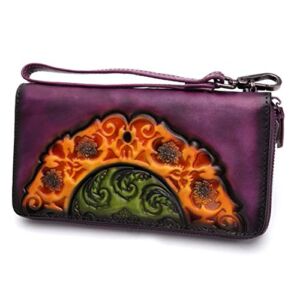IVTG Genuine Leather Wallets for Women Long Purse Vintage Embossing Cowhide Handmade Small Clutch (Purple)