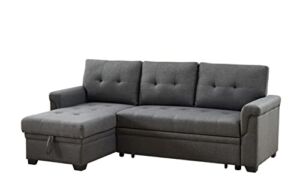 Lilola Home Lucca Reversible Sectional Sofa Couch, Storage Chaise, Pull Out Sleeper, L-Shape Lounge, Steel Gray, Linen