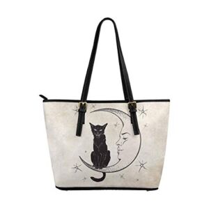 InterestPrint Black Cat Sitting on the Moon Grunge Style Animal Leather Tote Shoulder Bags Handbags for Women