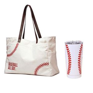 JIU HONG CHAO Baseball Tote Handbag & 20OZ Tumbler Mugs Packages Red Baseball Striped Embroidery Bag 5D Print Cup Design for Fans