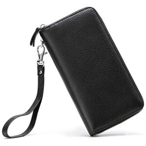Womens Wallet RFID Blocking Genuine Leather Zip Around Wallet Clutch Wristlet Travel Long Purse for Women Black