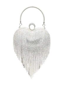 UMREN Women Luxury Heart Shape Tassel Evening Clutch Bag Rhinestones Wedding Party Purse Handbag Silver 1