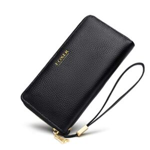 Leather Zip Around Wallets for Women, Genuine Leather RFID Blocking Gift Box Packing 17 Card Slots Ladies Long Purses with Zipper Coin Pocket Women’s Clutch Wallets with Wristband (Black)