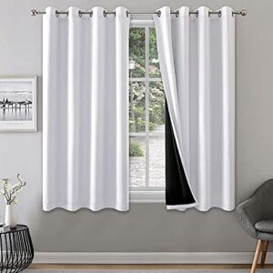 Rutterllow 100% Blackout Curtains 2 Panels – Completely Blackout Window Drapes Thermal Insulate Double Layer with Black Liner for Kitchen, Grommet Top (52 by 63 inches, Pure White)