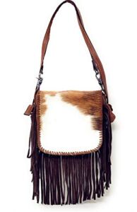 Western Genuine Leather Cowhide Fur Fringe Womens Crossbody Bag in 3 Colors (Coffee with concho)