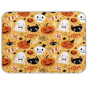 One Bear Halloween Dish Drying Mat for Kitchen Counter, Skull Pumpkin Witch Ultra Absorbent Reversible Microfiber Dishes Drying Rack Pad Heat-resistant Mats 16x18in