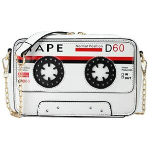 QiMing Retro Tape Shaped Evening Purse,PU Audio Cassette Crossbody HandBag for Women(White)