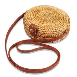 DODOPEN Crossbody Bags for Women,100% Natural Handwoven Round Rattan Bag Straw Bags Satchel Shoulder Leather Strap Natural Chic
