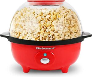 Elite Gourmet Automatic Stirring Popcorn Maker Popper, Electric Hot Oil Popcorn Machine with Measuring Cap & Built-in Reversible Serving Bowl, Great for Home Party Kids, Safety ETL Approved, Red