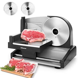 Meat Slicer, 7.5″ Electric Deli Food Slicer with 2 Removable Stainless Steel Blades, Adjustable Thickness Meat Slicer for Home Use, Cuts Frozen Meat, Cheese, Bread, Vegetables, Easy to Clean, Black