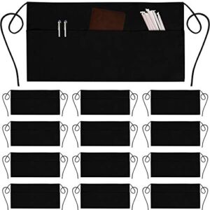 GREEN LIFESTYLE 12 Pack Server Aprons with 3 Pockets – Waist Apron, Waitress Apron for Women and Man, Water Resistant with Long Waist Strap Reinforced Seams, Half Apron (Black)