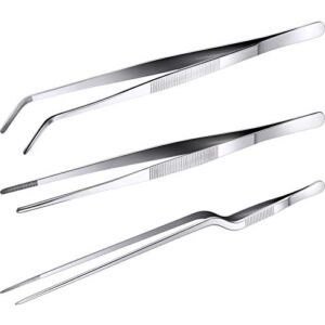 3 Pieces 12 Inch Stainless Steel Tweezers Straight and Curved Tip Tweezers Kitchen Cooking Food Home Serrated Forceps Garden Tool and Medical Long Tongs