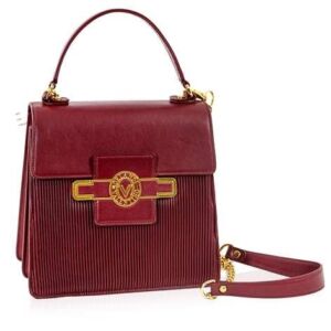 Valentino Orlandi Women’s Small Handbag Top Handle Bag Italian Designer Gothic Purse Burgundy Genuine Leather Bag in Plisse Pleated Design with Chain Strap