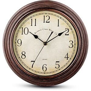 Bernhard Products Vintage Wall Clock Silent Non Ticking – 12 Inch Quality Quartz Battery Operated Decorative Brown Clock for Home Kitchen Living/Dining Room Office Decor, Easy to Read, Rustic Bronze