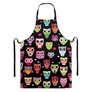 NDISTIN Black Cartoon Owl Design Adjustable Bib Apron Personalised Waterdrop Resistant with Pockets Cooking Kitchen Waiter Aprons for Women Men Chef Waterpoof Home Work Isolation of The Oil Durable