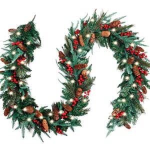 FUNARTY Christmas Garland with 50 Lights for Mantle, 9ft Battery Operated Lighted Christmas Garlands with Pinecones Red Berries for Outdoor Holiday Home Fireplace Decorations