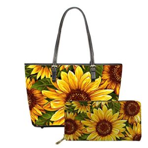 Coloranimal Yellow Sunflower Women’s Casual Bag Fashion PU Leather Large Messenger/Shopper Top Handle Tote Bag Long Wallet PU Leather Purse Gift Combo Set 2 Pack
