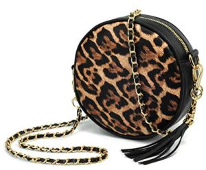 Women Round Cross Body Bag Tassel Circle Purse Chain Shoulder Handbag Clutch Wristlet (Leopard)