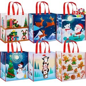 JOYIN 12 PCs 13.75″ x 14″ Christmas Large Tote Bags Holiday Reusable Grocery Bags for Classroom Party Favor Supplies, Christmas Shopping Bags, Xmas Party Supplies Bags. (Late Night Christmas Colors)