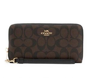 COACH Womens Long Zip Around Wallet In Signature Canvas With Strap (Brown – Black)